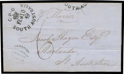 Prestige Philately - Auction No 168 Page: 47 SOUTH AUSTRALIA - Postal History (continued) 436 C B Lot 436 1848 Australian Mining Company stampless entire from London "p Marion", light 'JB