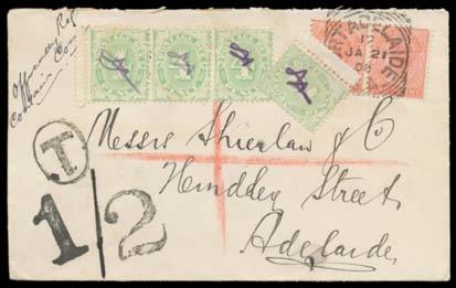 445 C A+ Lot 445 1908 Shierlaw cover with 1d pair tied by Port Adelaide cds but endorsed "Officially Reg/Contains Coins", extraordinary combination of handstamps used to concoct a '1/2'