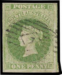Prestige Philately - Auction No 168 Page: 5 SOUTH AUSTRALIA (continued) 271 G (A) Lot 271 1856-58 Adelaide Printings 1d yellow-green SG 6, an unusually large