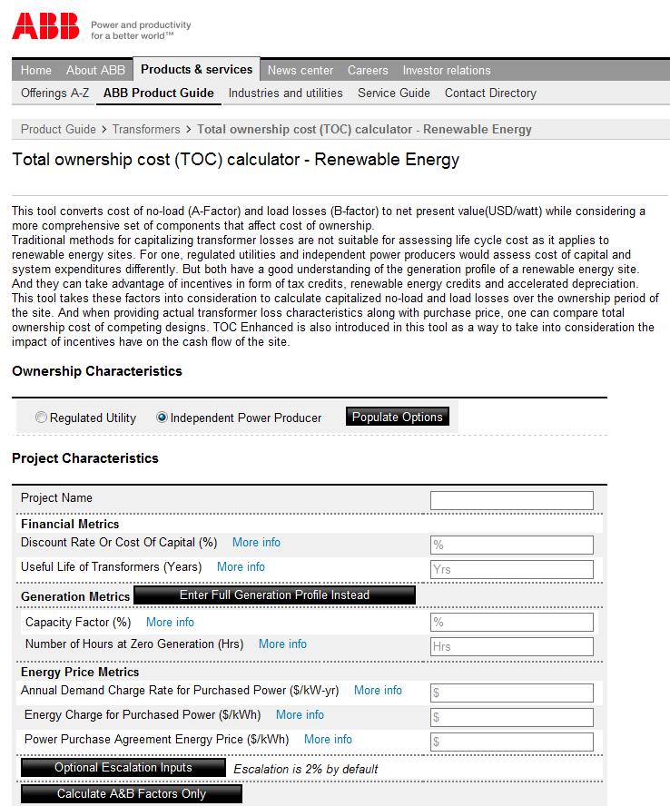 Cost of losses Web calculators renewable energy Start by selecting if a Regulated Utility or Public Power Producer as treatment of financial metrics (e.g. fixed charge rate) and energy price metrics (e.