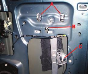 Fixed Glass in Rear Side Access Doors A Sash screws B Locking screw C Crank shaft for assembly plant use This information applies to 2007 (not Classic) extended cab pickup trucks with fixed glass in