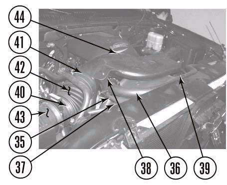 frame (29). 2. Under the hood. a. Remove two hoses (35 and 36) from three clamps (37, 38 and 39). b.
