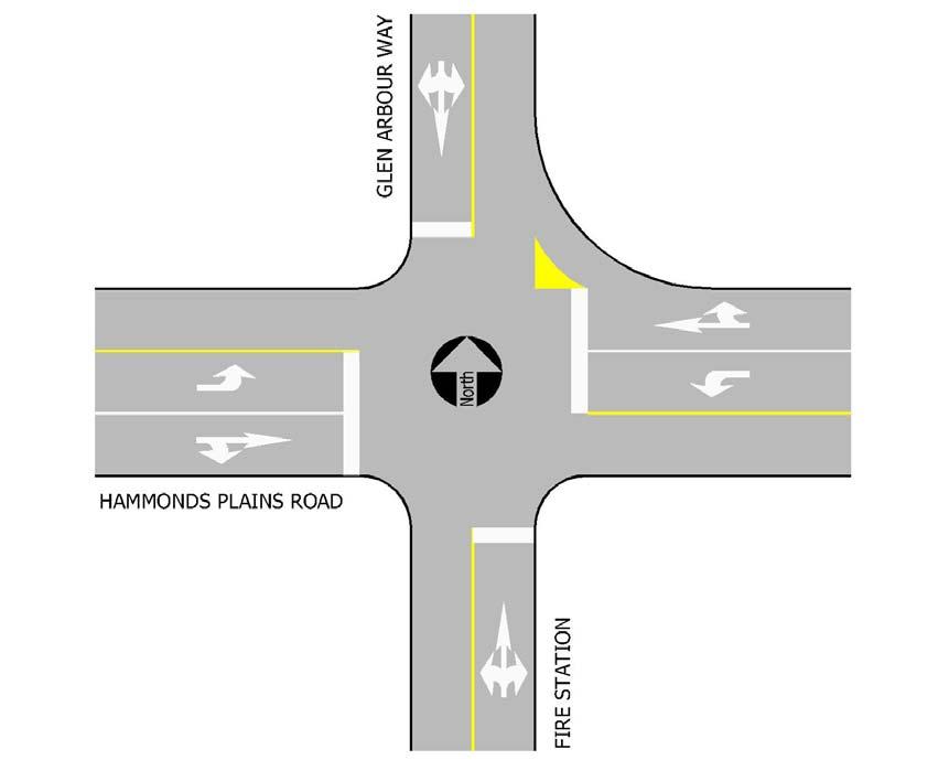 westbound right turn onto Glen Arbour Way from Hammonds Plans Road. Refer to Exhibit 2.2 for a schematic drawing that shows the existing intersection configuration. Refer to Exhibit 2.3 for photos of roads and key intersections in the study area Exhibit 2.