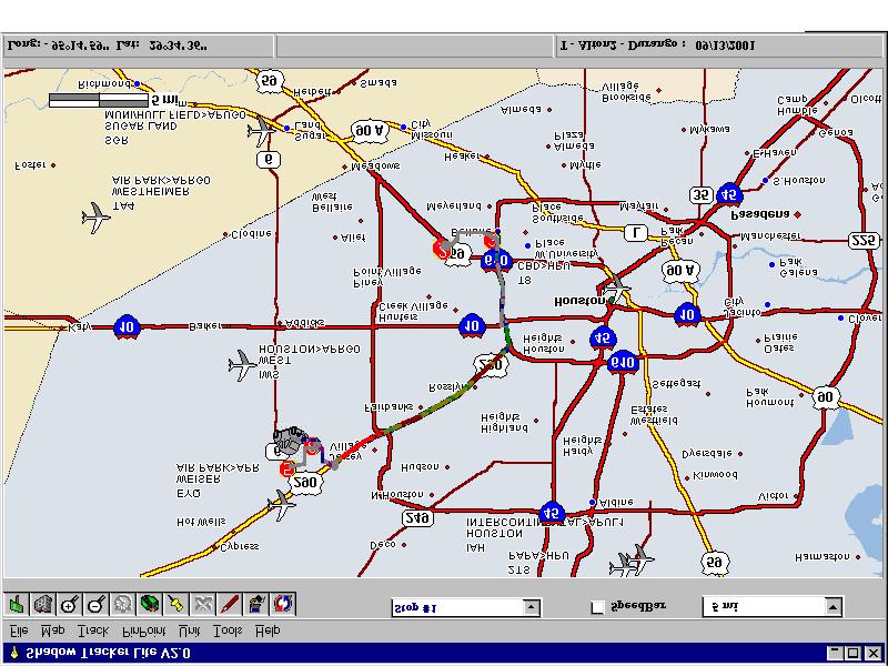 The graphic below is a screenshot of the travel map produced by our Shadow Tracker software. The route line is color coded to indicate the speed the vehicle was traveling during the route.