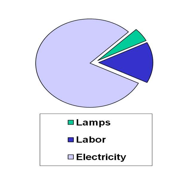 Electricity to operate lighting systems far outweighs lamp and labor costs.