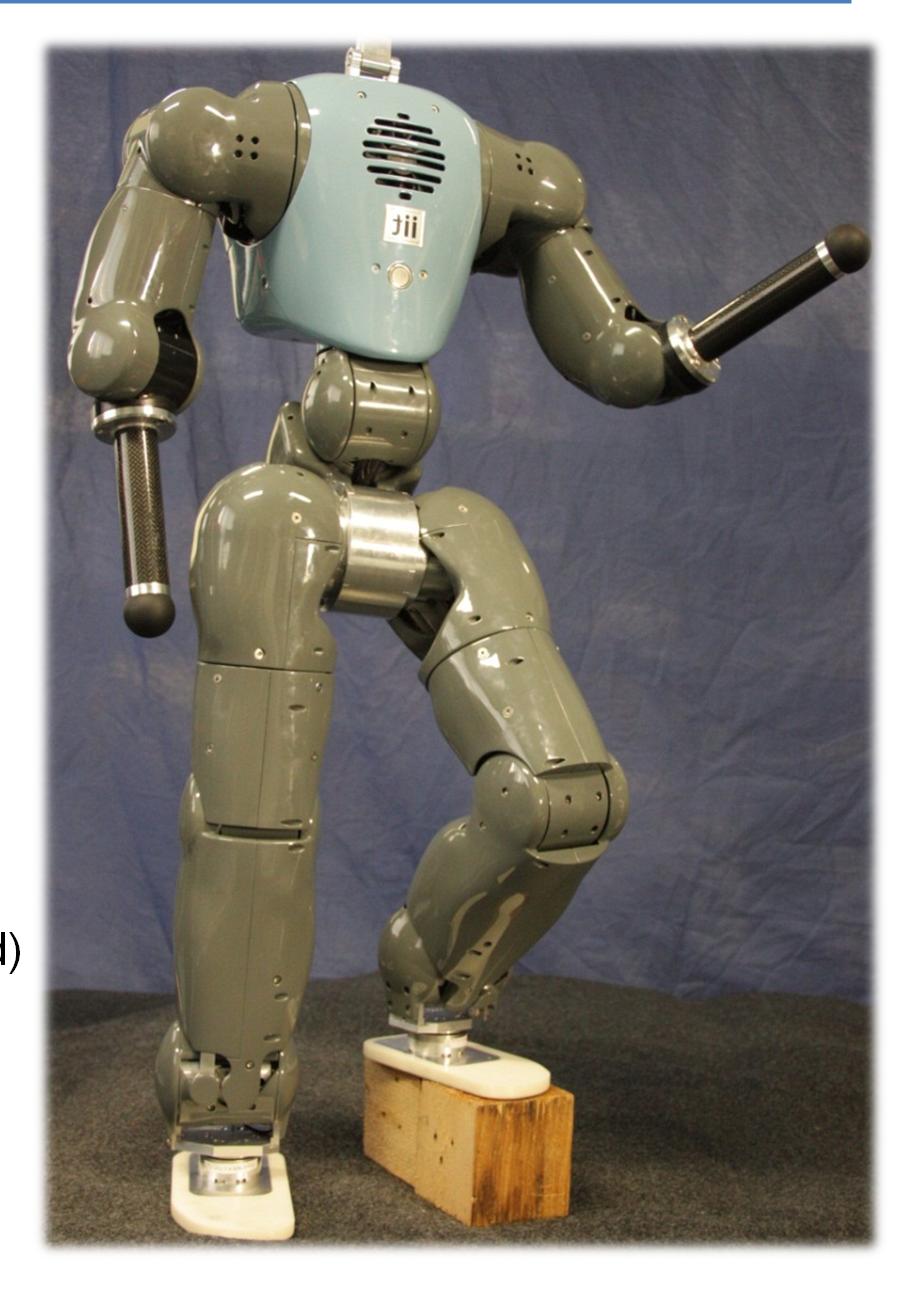COmpliant HuMANoid COMAN Actuation moderate to high power passive series compliance legs (ankle/knee and hip sagittal joints) torso (pitch and yaw) arms: (shoulder and elbow) elimination of cable