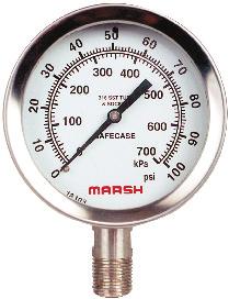 100mm Elite Gauge All Field Fillable Ranges to 10,000 PSIG Liquid Filled or Dry Solid Front Design Safecase Marsh Instruments All Stainless Steel Gauges are built for extended life, and designed for
