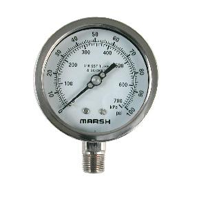 Quality Series 100mm Gauge Liquid Filled or Dry Adjustable Micrometer Ranges to 10,000 PSI Safety Glass Marsh gauges are built for extended life and designed for harsh and corrosive environments.