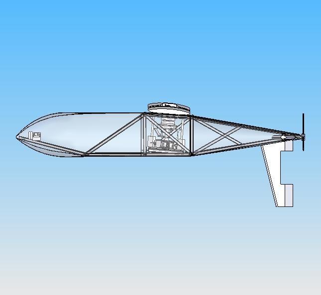 Figure 3. Side and top views of the UAV configuration In the autogyro mode, the rotor sections accommodate rolling moments by teetering.