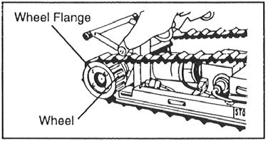 To remove a track, remove the four screws that attach the Wheel Flange to the Wheel, then remove the Flange.