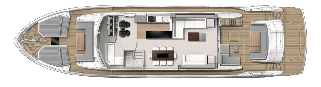 main deck plan SHOWN WITH OPTIONAL FOREDECK TEAK DECKING AND TABLE, AFT COCKPIT CORNER SEAT PACKAGE WITH FOOTSTOOL AND COFFEE TABLE Forward sun pad area Forward