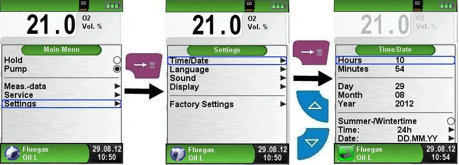 "Settings" configuration menu 7.1 Set Time / Date Time / date setting change.