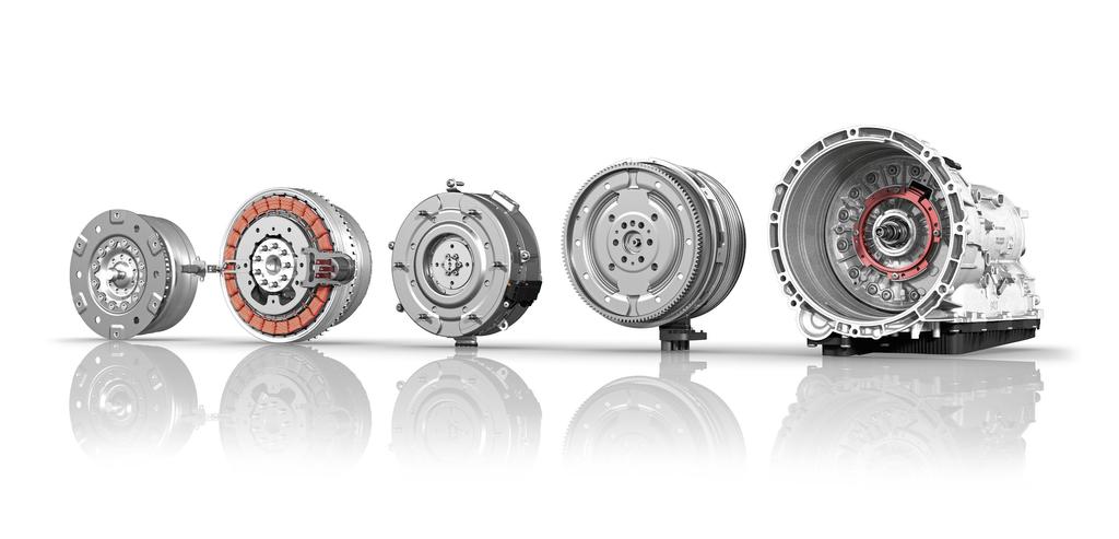 The basic transmission can be combined with multiple power take-up elements including the torque converter, the hybrid drive, and the integrated power take-up element.