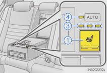 Front seat heaters and ventilators (if equipped)/rear seat heaters (if equipped) Front seats Rear seats 1 3 4 Seat heater switches The indicator light (yellow) on the