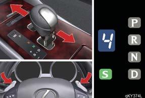 To downshift: shift the shift lever toward "-", or pull the "-" shift paddle switch on the steering wheel toward the driver.