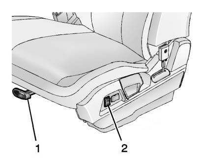 3-4 Seats and Restraints Power Seat Adjustment Four-Way Power Seat. Raise or lower the entire seat by moving the control (2) up or down. To adjust the seatback, see Reclining Seatbacks on page 3 5.