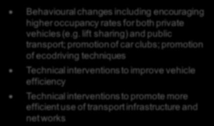 lift sharing) and public transport; promotion of car clubs; promotion of ecodriving techniques Technical interventions to improve vehicle efficiency Technical interventions to promote more
