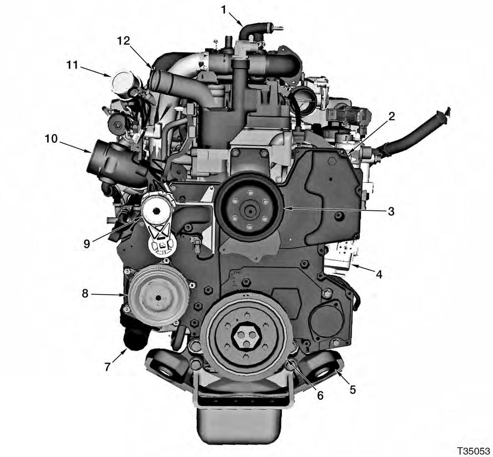12 ENGINE SYSTEMS Figure 4 Component Location Front 1. Deaeration hose elbow 2. Front cover 3. Fan drive pulley 4. Air compressor assembly 5. Front engine mounting bracket 6.