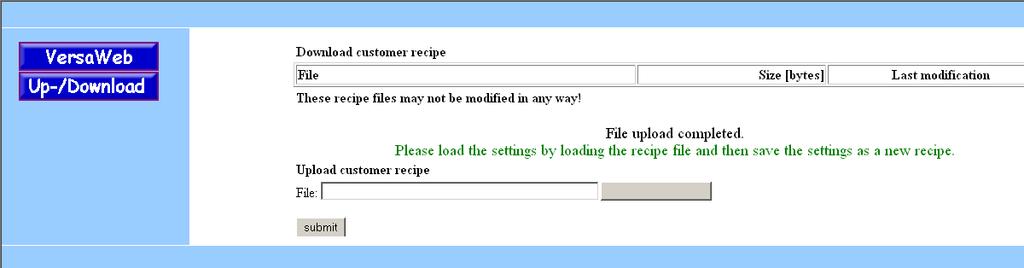 3. Select the recipe and confirm with Submit. Please wait! Please do not switch off! Recipe is being converted. This may take several minutes. Software version V5.00.
