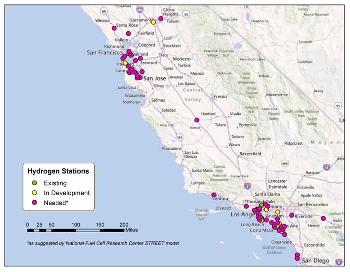 The Network With 45 stations in the cluster communities and 23 additional stations seeding other early markets as well as promoting wider travel, California will have a small network of 68 hydrogen