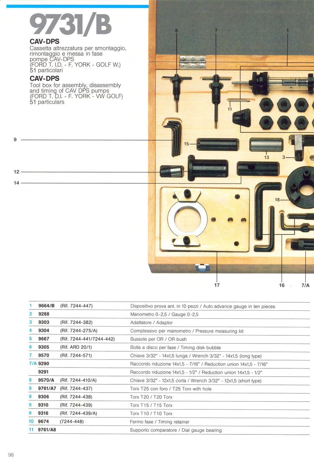 CAV-DPS Cassetta attrezzatura per smontaggio, rimontaggio e messa in fase pompe CAV-DPS (FOROT. 1.0.- F.