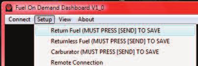 Using the Software to Set Up the FuelOnDemand Controller At left is what you will see on your laptop screen when the FOD software is open. This screen is set up for EFI on the Return Fuel Mode cycle.