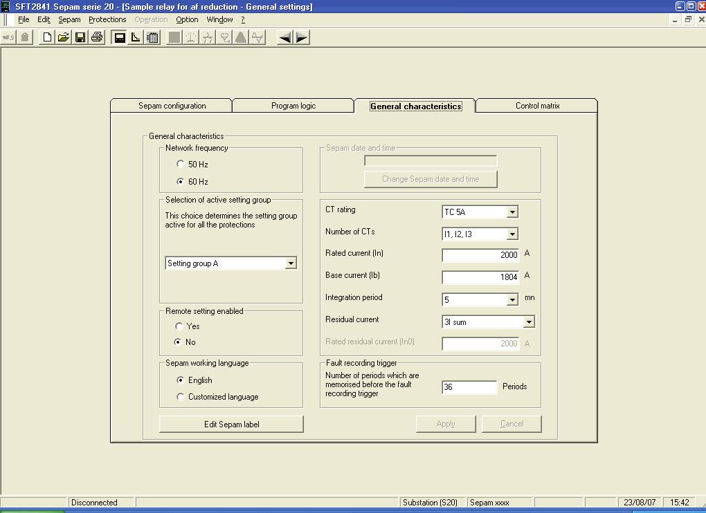 Sepam Relay Settings: The following pages show setting screens from the Sepam configuration software SFT2841.