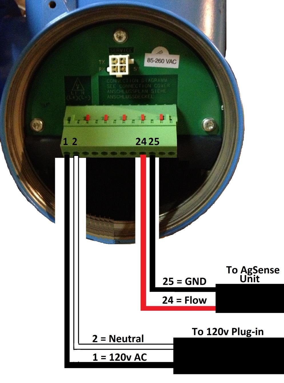 Wire Connections for the Endress Hauser Promag P 50/53 Series Flow Meter 120v powered meter shown