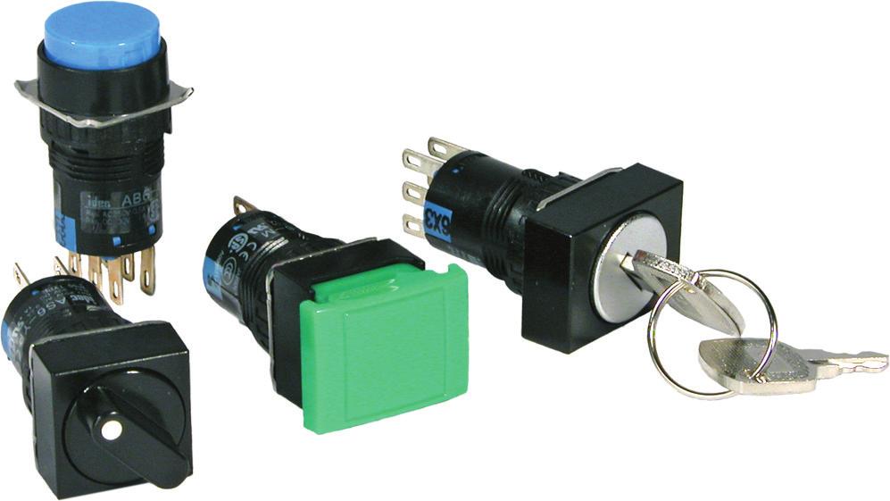 ø16mm - A6 Series A6 Series Miniature Switches and Pilot Devices: 16mm Key features: 16mm (/8 ) mounting hole ED illumination ompact design saves space Momentary, Maintained, Selectors, and E-Stops