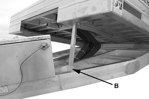 maintenance on the hoist, trailer body, or the trailer itself. Remove lock pin (A) and pin. Pivot deck prop down over socket (B).