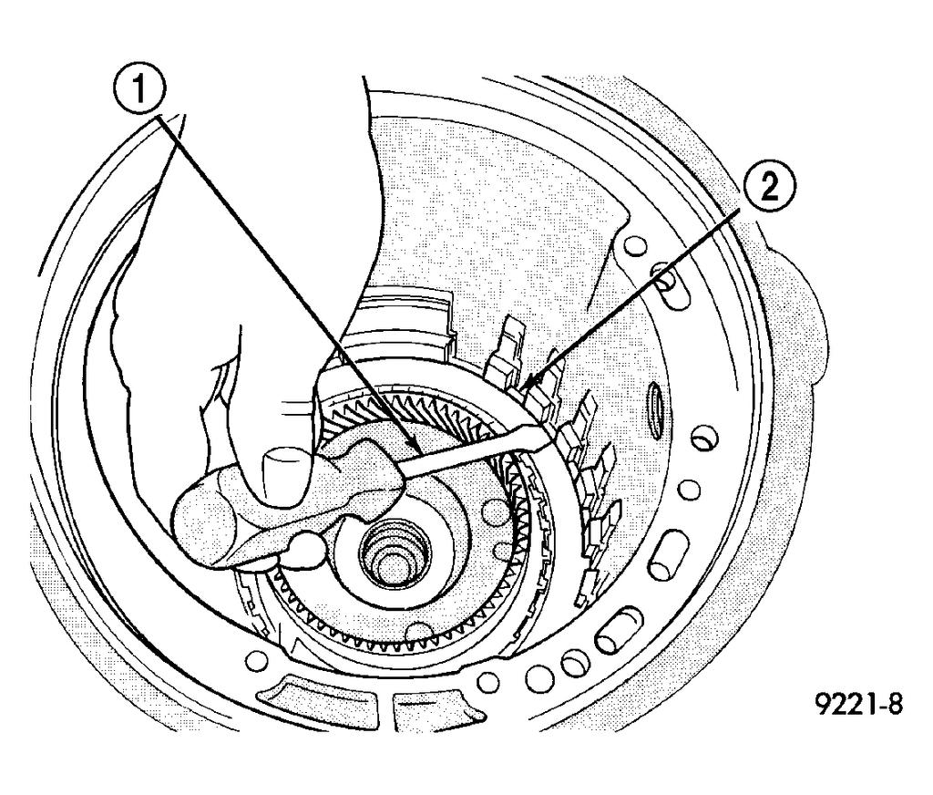 Fig. 41: Installing New Tapered Snap Ring (Tapered Side Out) 1 - SCREWDRIVER 2 - TAPERED SNAP
