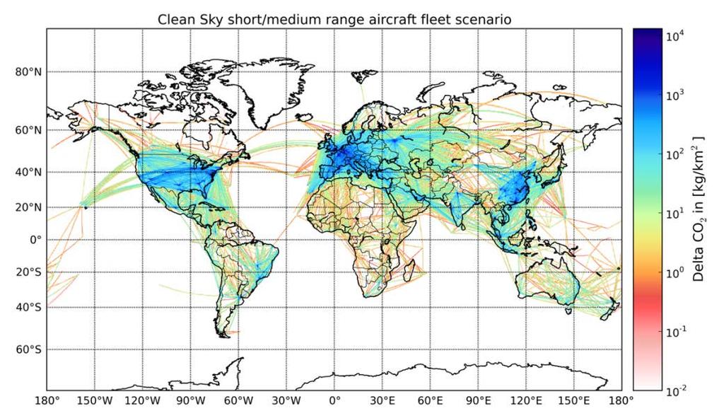Figure 4: Clean Sky short/medium range aircraft fleet scenario and its associated CO2 delta The 2014