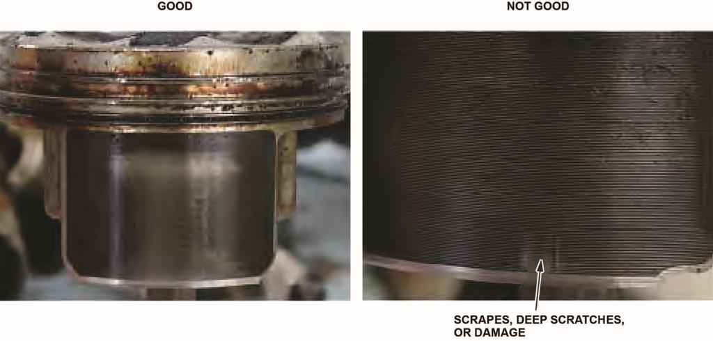 If the piston skirt has deep scratches, or is damaged, and corresponds to the position of the bore scratches, replace the engine block. This bulletin no longer applies.