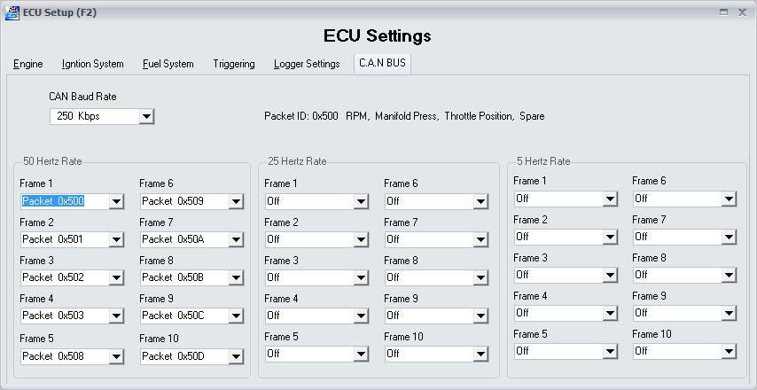 After selecting the baud rate and data frames the ECU must be turned off and back on for the changes to take effect.