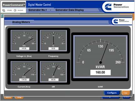 The transfer control screens provide status information on the condition of the normal service and generator service at each device (service available), which source is connected to the load, as well