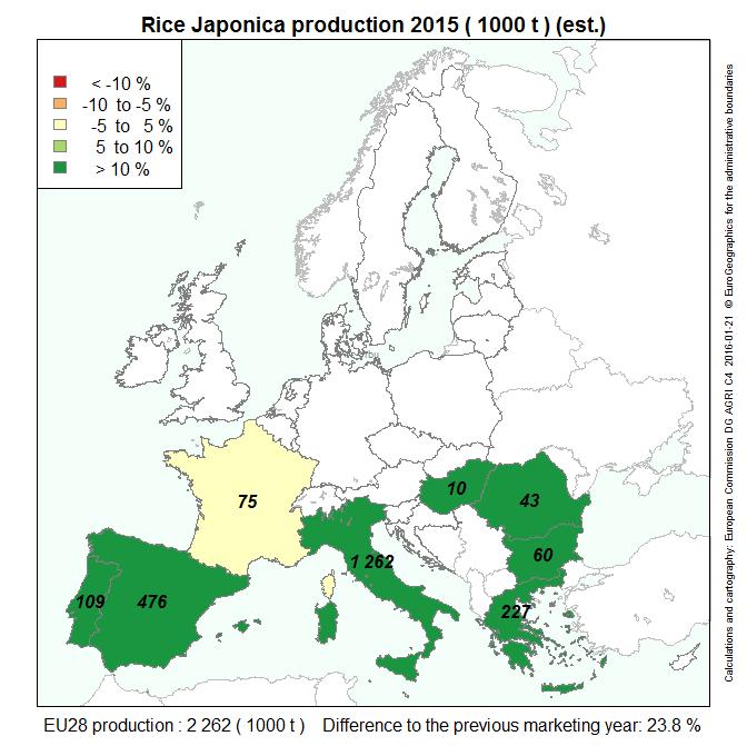 EU Japonica Rice Production 2015: + 24% 2015 EU Japonica paddy production : 2 262 000