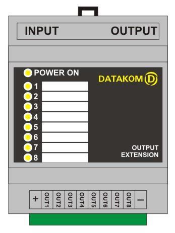 Relay outputs are provided by the Relay Extension Module shown left in the above photograph. Each relay extension module offers 8 free contact relay outputs. Both NC and NO contacts are provided.