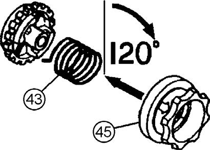 3) While holding the load chain on the hook side firmly to prevent (19) Load Sheave from rotating, turn (45) Free Chain Knob assembly 120 clockwise while pressing it lightly on