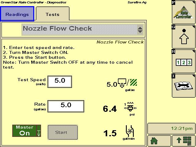 Initial Operation Instructions - Step 2 1. Go to the Nozzle Flow Check (Diagnostics, Tests, Nozzle Flow Check ).