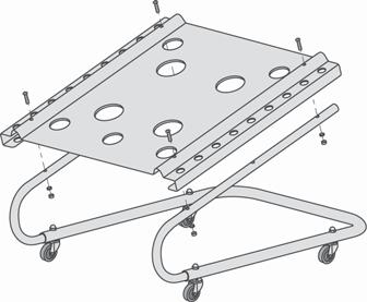 Install Angle Legs and Casters on Door Cart Rear Strut Locate the Angle Legs and Rear Strut in the parts kit. Slide the Angle Legs into the ends of the Rear Strut and align the holes.