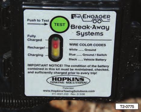 10.9 TRAILER BREAK-AWAY SYSTEM 10.9.2 Changing Battery The battery in the break-away system is rechargeable. If the battery will not hold a charge, replace the battery. 10.9.3 Replacing Battery The battery in the break-away system is replaceable.