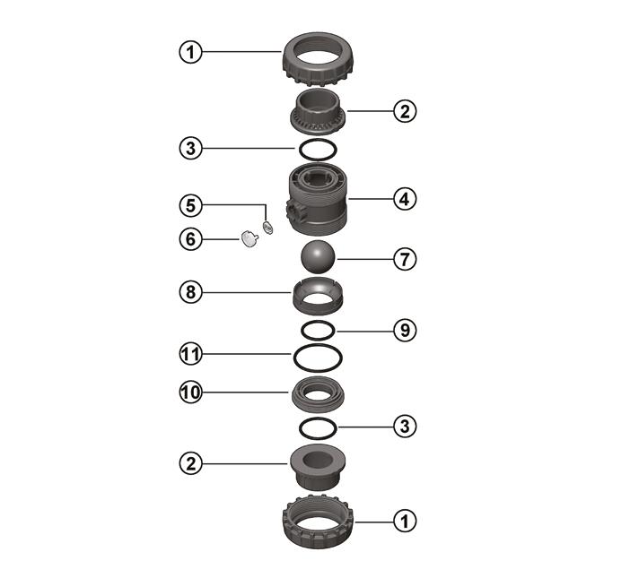 COMPONENTS EXPLODED VIEW 1 Union nut (PVC-C - 2) 2 End connector (PVC-C - 2) 3 Socket seal O-ring (EPDM o FPM - 2) 4 Body (PVC-C - 1) 5 Tag holder (PVC - 1) 6 Transparent protection plug (PVC - 1) 7