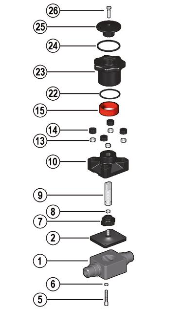 COMPONENTS EXPLODED VIEW 1 Body (PVC-C - 1) 2 Diaphragm seal (EPDM, FPM, PTFE - 1) 5 Fastening screw (STAINLESS steel - 4) 6 Washer (STAINLESS steel - 4) 7 Shutter (PA-GR - 1) 8 Nut (STAINLESS steel