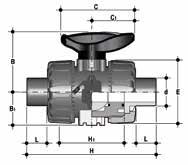 DIMENSIONS VKDIC DUAL BLOCK 2-way ball valve with female ends for solvent welding, metric series d DN PN B B 1 C C 1 E H H 1 L Z g EPDM Code FPM Code 16 10 16 54 29 67 40 54 103 65 14 75 234