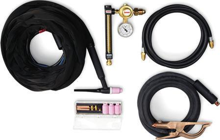 7 m) 4/0 cable with thread-lock connector Flowmeter regulator Gas hose (regulator to machine) AK18C torch accessory kit includes nozzles, collets, collet bodies and 2% ceriated tungsten