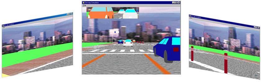 Fig. 2 The sample view of the driving simulator. (a) left view, (b) center view, 2.