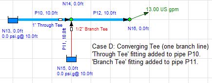 18 Pipe Flow Expert Quick Start Guide Converging Tee (one branch line) Un-Equal Pipe Sizes: Where the pipes sizes that connect to the tee are not equal, the fitting sizes used on each branch should