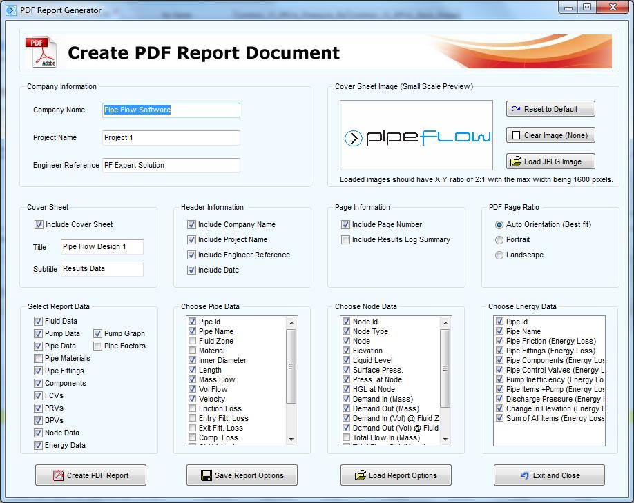 34 Pipe Flow Expert Quick Start Guide Results - PDF Report Document When a system has been solved successfully a customized PDF report can be created.