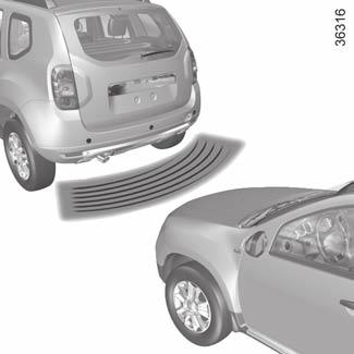 PARKING DISTANCE CONTROL (1/2) Operating principle Ultrasonic sensors, fitted in the vehicle s rear bumper, measure the distance between the vehicle and an obstacle when reversing.