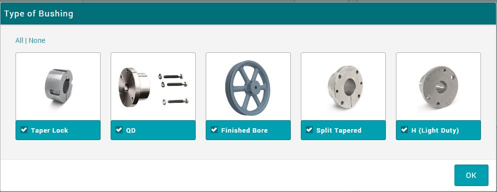 5.) Drive Now if you need to select a belt drive for the application, you start by selecting the type of bushing. The bushings provided can be for synchronous or V-Belt drives.